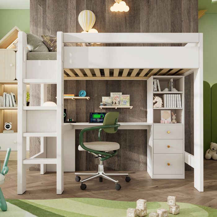 Lit mezzanine enfant - TRUXEN8 - Bureau en L - Étagères & tiroirs - 90x200cm - Blanc