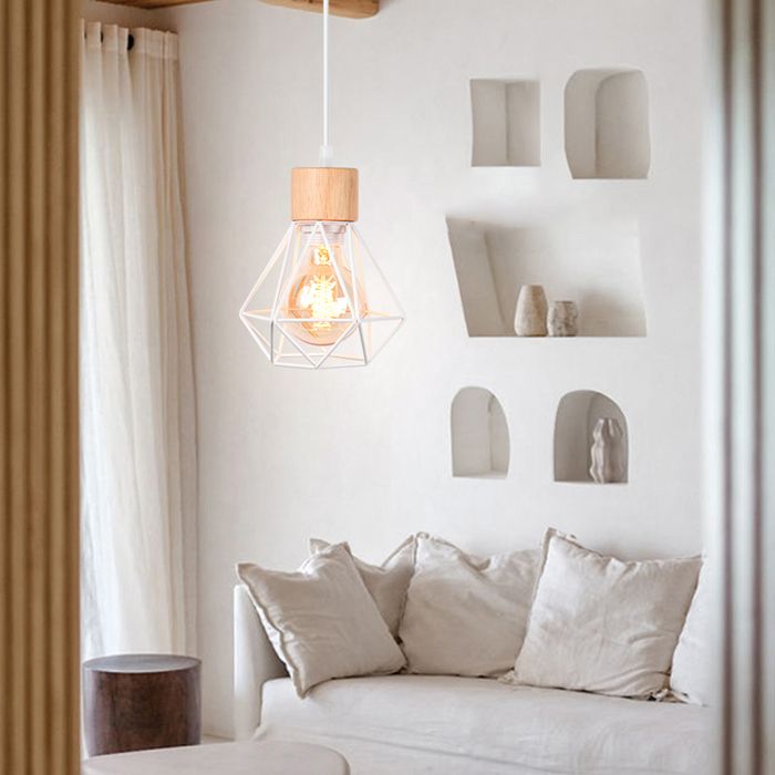 Lustre suspension - SMOTOP - Cage métal blanc vintage - Ø16 cm - E27 60W