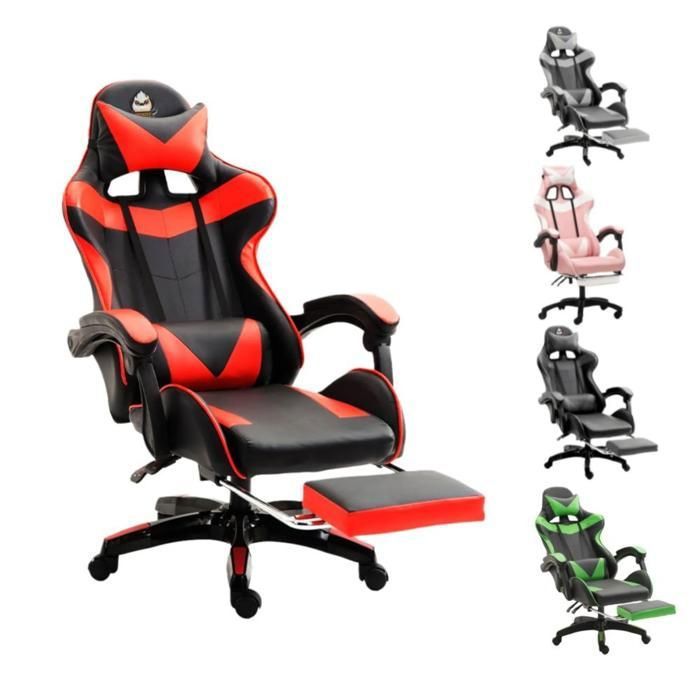 Chaise Gamer Ergonomique Noir et Rouge Support Lombaire Repose-pieds Oreilles de Chat Coussin Tête Inclinaison Réglable