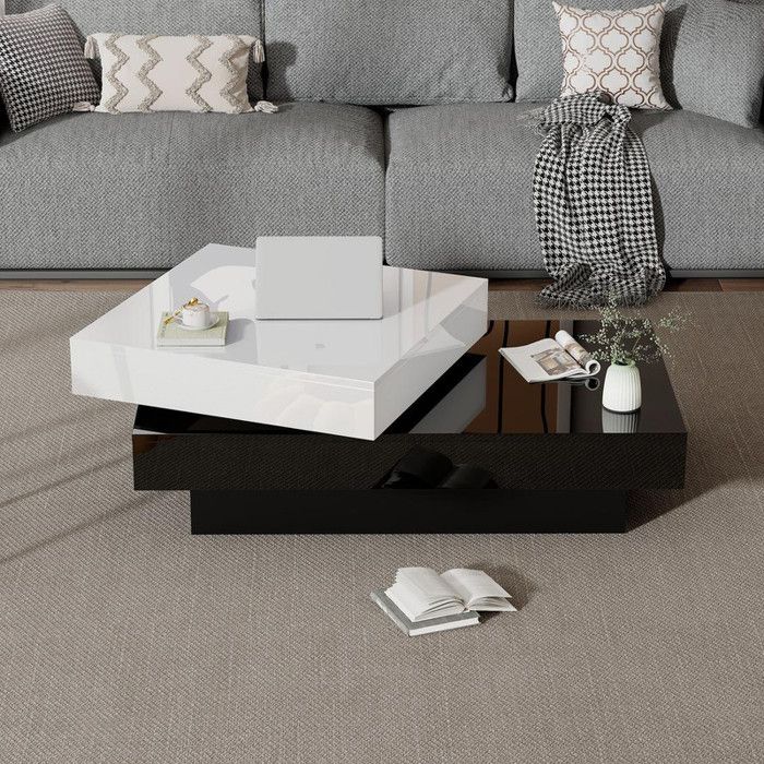 Table basse salon rotative 103x60x35.5 cm avec coutures noir et blanc Table de salon avec surface brillante Adaptée au salon