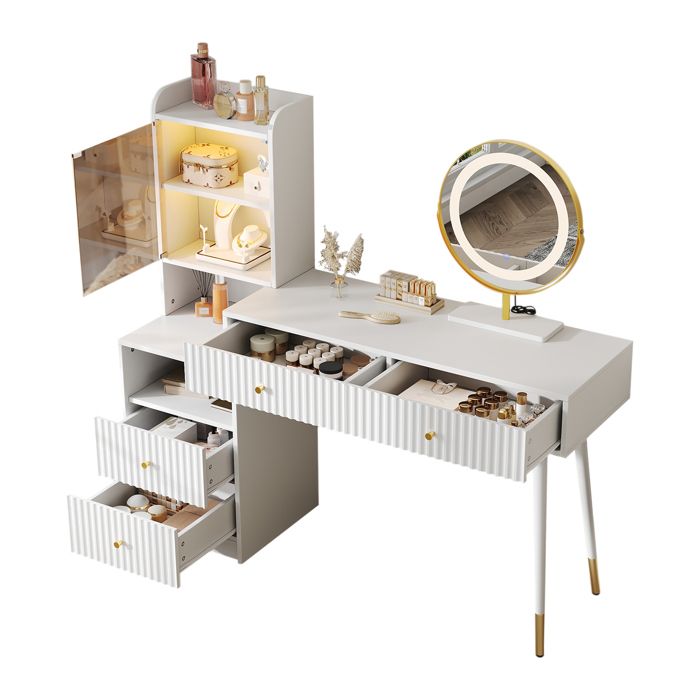 Coiffeuse - Style moderne - Miroir LED tricolore réglable - 4 tiroirs - Vitrine lumineuse contrôlable