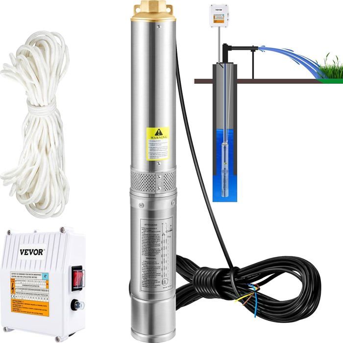 Pompe immergée pour puits - VEVOR - 370 W - 110 L/min - 44 m HMT - Acier inoxydable
