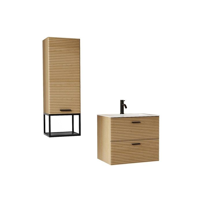 Meuble de salle de bain suspendu strié avec vasque à encastrer robinet et colonne avec niche - 2 tiroirs - Naturel clair - 60 cm -