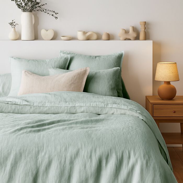 Tendance Perso - Parure de couette 100% PUR LIN Couleur Vert de gris - Housse de couette 200x200 cm et 2 taies 63x63 carrées Lin