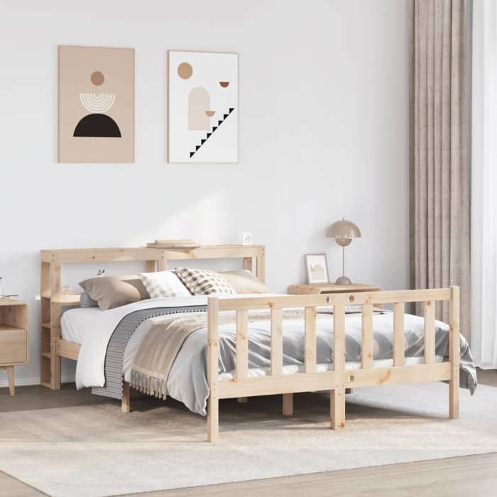 Structure de lit en bois massif - UU - 160x200 cm - Bois de pin massif - Étagères de rangement - Tête de lit sur pied