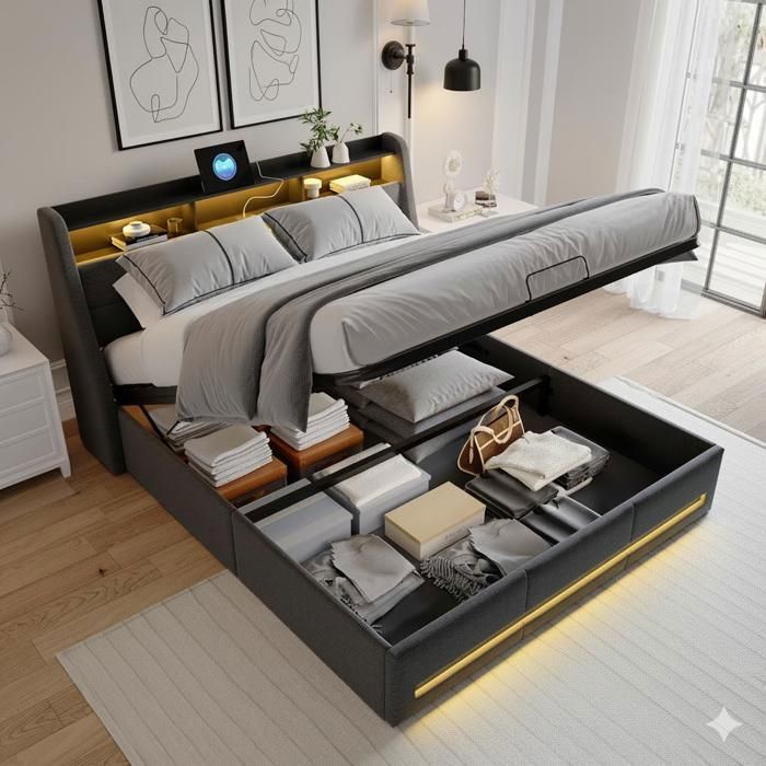 Lit 140x190cm - Lit Coffre 140x190 et Sommier - Tête et Pied de Lit LED RGB Prises USB/Type-C et Rangement - Tissu Lin Gris