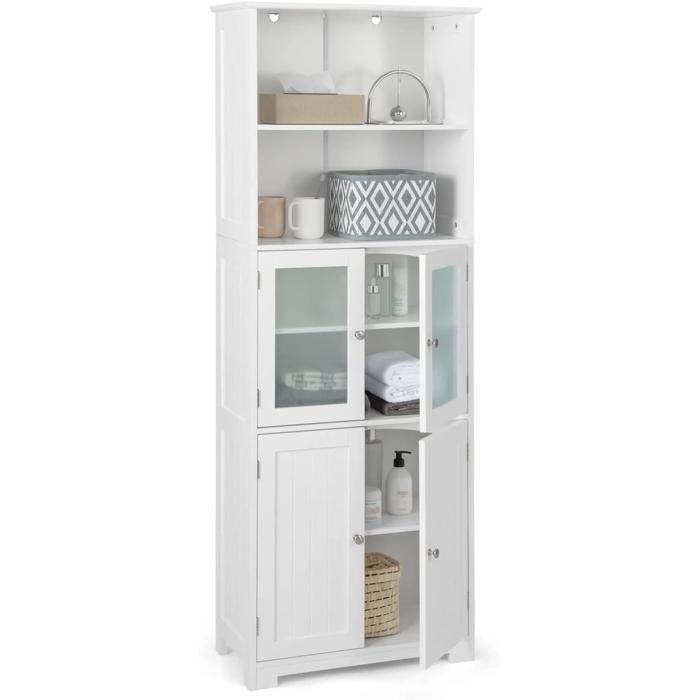 Colonne Salle de Bain avec 4 Portes 2 Compartiments Ouverts Meuble de Rangement pour Salon Cuisine 60x30x163 cm Blanc