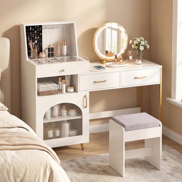 Ensemble de Coiffeuse et Tabouret COSTWAY Miroir et Éclairage Réglable Plateau en Verre 3 Tiroirs Porte 120 Fentes pour Bagues