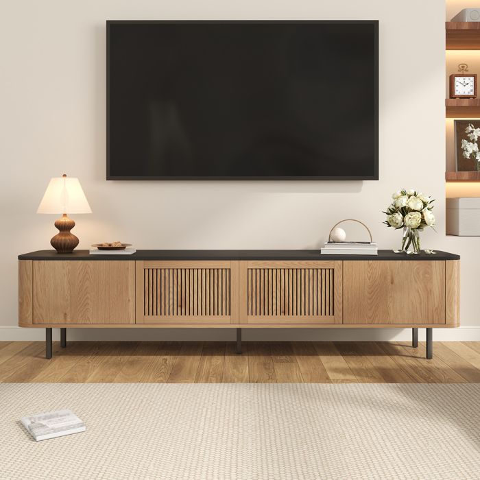 Meuble TV Moderne en Bois et Métal Meuble Télévision Minimaliste avec Portes à Grille 190 x 35 x 45 cm