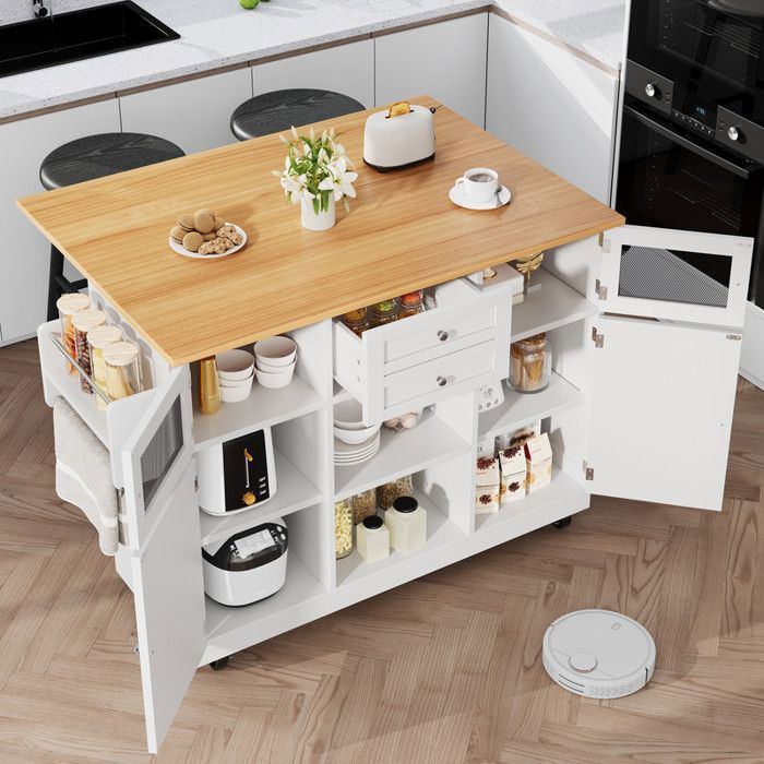 Îlot Central de Cuisine 140 x 70 cm avec Plateau Rabattable Extensible 2 Tiroirs Étagères Réglables Porte-Serviettes