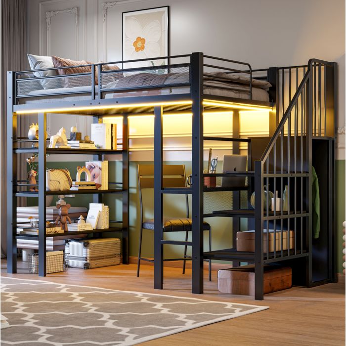 HOMVRA Lit Mezzanine 90x200 cm avec Bureau LED et USB Étagères et Sommier à Lattes Métal Noir