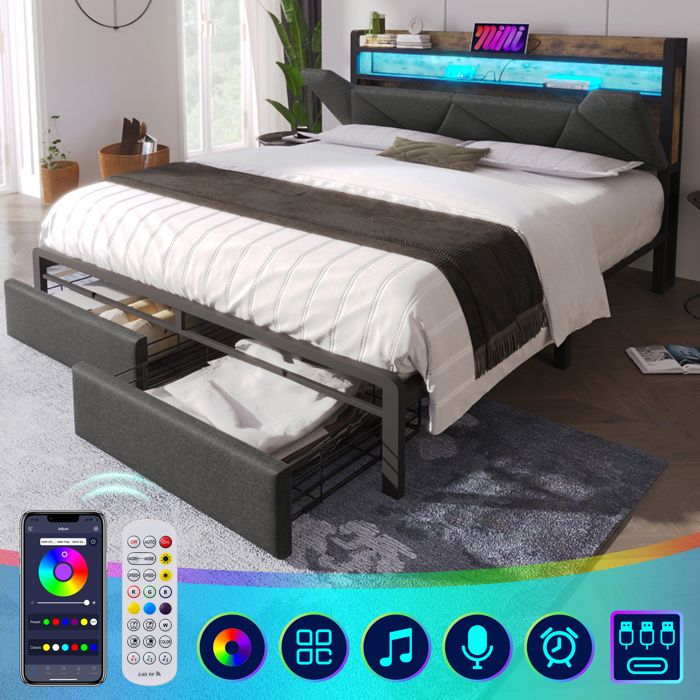 Lit rembourré 160x200 cm Lit double avec charge USB-C tête de lit rangement éclairage LED 2 tiroirs - Sans matelas Gris