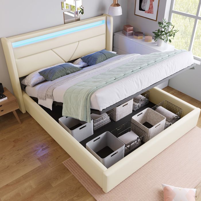 Lit Coffre Double 140x200 cm avec Éclairage LED Commandé à Distance - Lit Capitonné en Simili Cuir PU - Blanc Sans Matelas