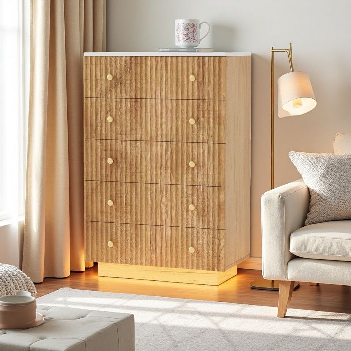 Buffet - URBANLUXE - 73x40x111 cm - 5 tiroirs - LED intégré - Aspect bois