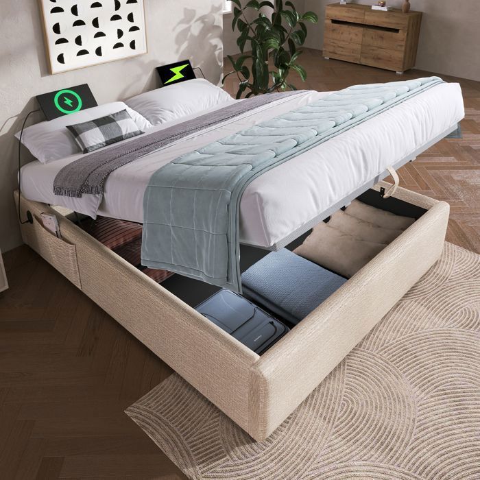Lit double coffre hydraulique - MERAX - 140 x 200 cm - Beige - Ports USB/USB-C - Sommier bois massif - sans Tête de Lit