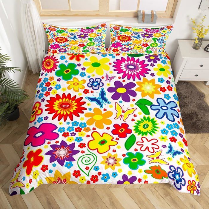 Floral Parure de Lit 140x200cm Hippie Fleurs Housse de Couette Papillons Sets de Housse de Couette Coloré Parure Housse de Couette