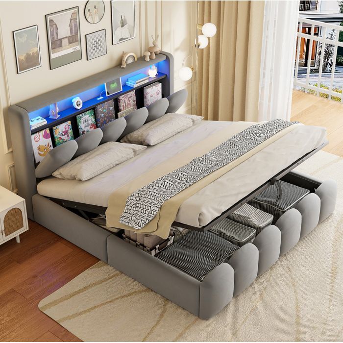 Lit double gris 180×200 cm rangement hydraulique LED USB-C sommier inclus structure solide sans matelas