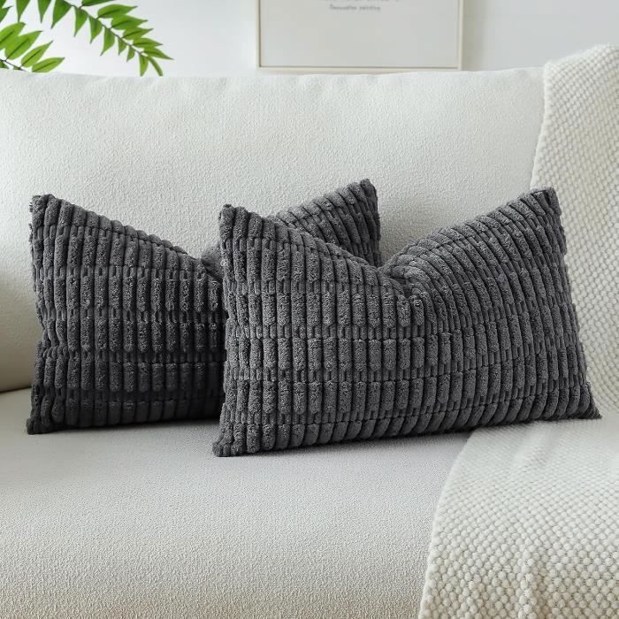 Lot de 2 Housses de Coussins en Velours Côtelé Décoratif Canapé Taie doreiller Doux Decoration 30x50cm Gris Foncé