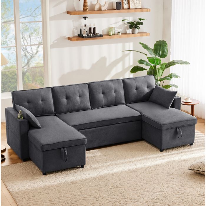 Canapé convertible 4 places en U avec coffres porte-gobelets coton lin gris