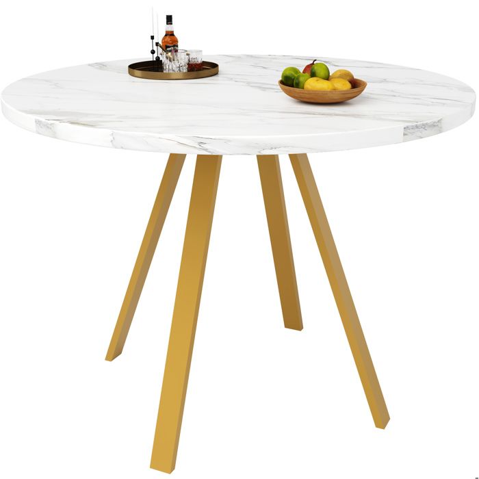 Table repas ronde 80×80×75 cm en marbre blanc pieds en métal doré pour salon et salle à manger