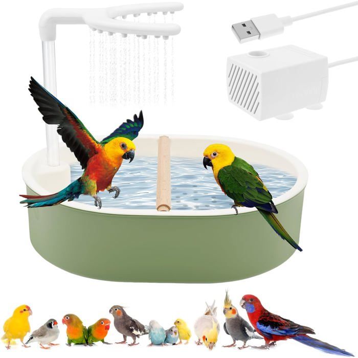 1 Baignoire perroquet circulation eau automatique PP vert perchoir inclus pour perruches calopsittes .