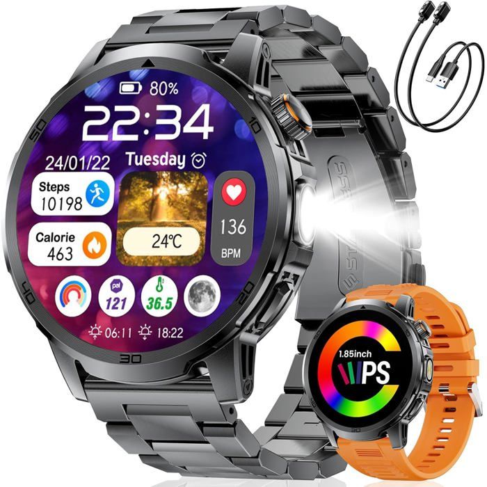Montre Connectée Homme avec 1000mAh LED Torche 1 85Grande Écran Smartwatch avec Appel Bluetooth 100+ Sportmodi IP68 Étanche