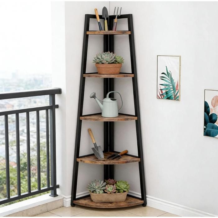 Étagère dangle 5 niveaux EVRYAE 178 cm meuble de rangement gain de place métal et bois noir marron rustique