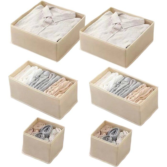 Lot De 6 Boîtes De Rangement Pliables Pour Tiroirs Organiseur Vêtements Sous-vêtements Chaussettes Tissu Lavable Blanc Cassé