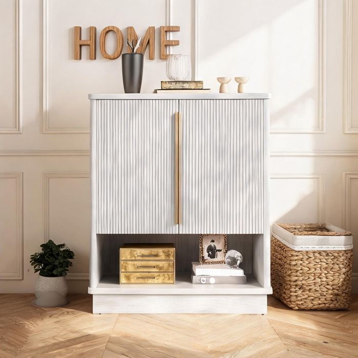 Meuble à chaussures blanc aspect bois 2 portes étagère ouverte – Rangement compact entrée couloir ou chambre 60x40x61 cm