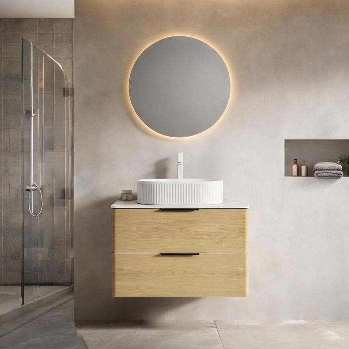 Meuble sous vasque suspendu 75 cm en chêne Corolla et pierre frittée avec vasque ovale en céramique clean white