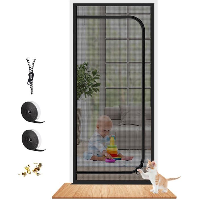 Moustiquaire Magnétique Porte - Animaux admis - Renforcée fermeture éclair 100x210cm - Chambre cuisine terrasse - Noir