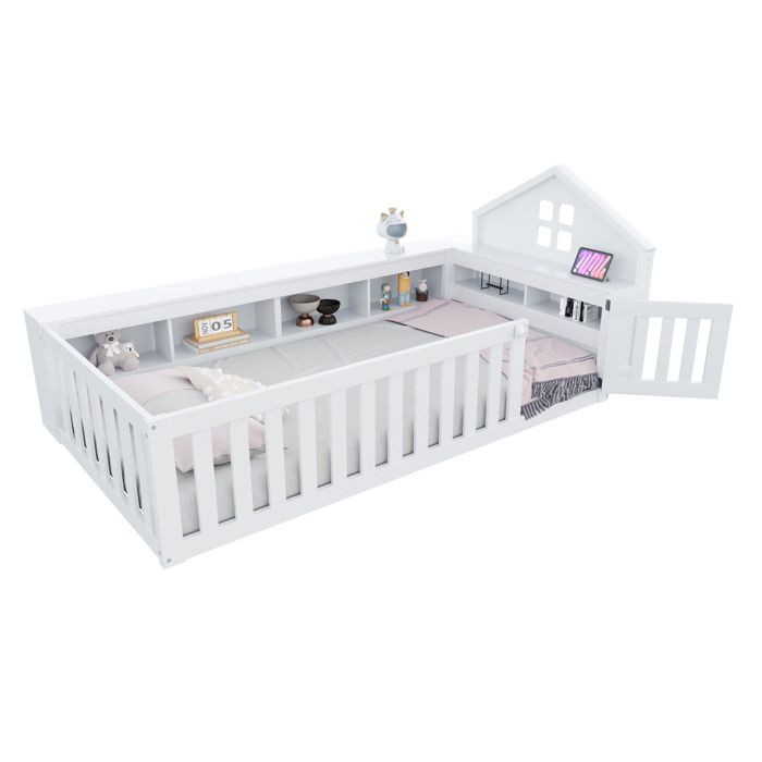Lit montessori cabane 90x200 bois massif blanc sommier inclus barrière de sécurité porte compartiment de rangement