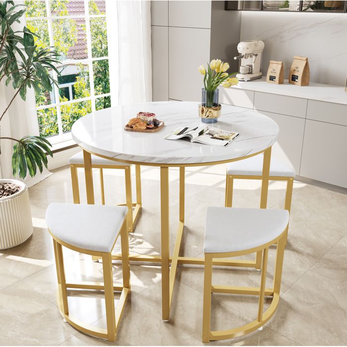 Ensemble table a manger avec 4 chaises - Table ronde 80 cm en MDF blanc et metal dore