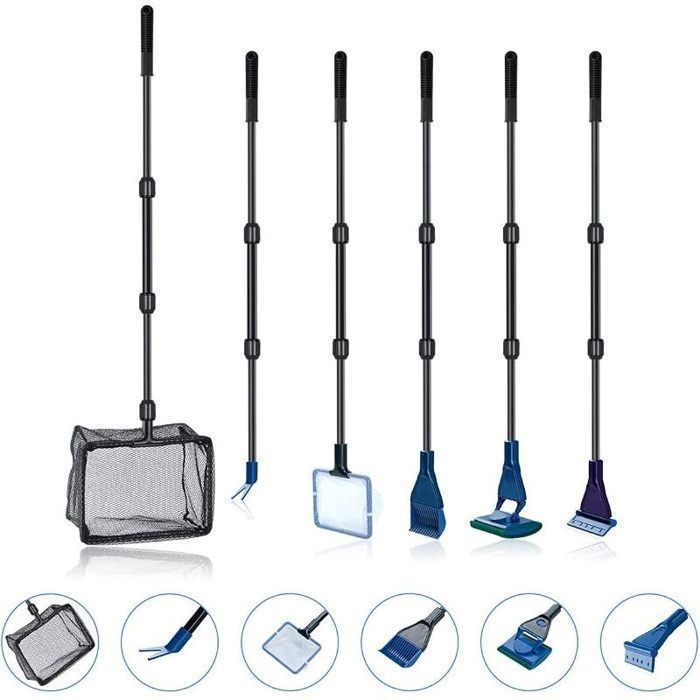 Kit de nettoyage daquarium 6 en 1 avec filet à poissons épuisette râteau à gravier pince à plantes raclette éponge connecteur