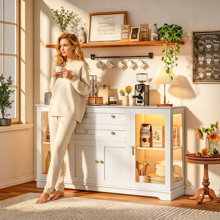 Buffet bas de CuisineAvec 2 Portes Vitrées2 Portes Bois2 tiroirs 140x86x40cmÉclairage LEDPour Cuisine Salle à manger Blanc