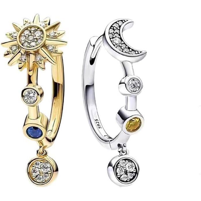 2Pcs Boucles DOreilles Soleil Et Lune Asymétriques En Argent S925 Avec Zircons Scintillants Pendentifs Célestes Plaqués Or[PP357]