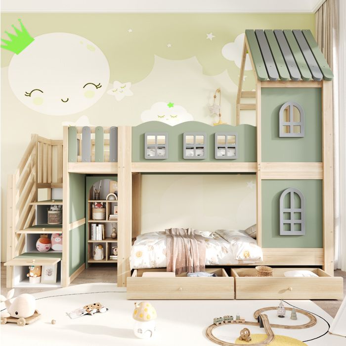 HOMVRA Lit superposé enfant 90 x 200 cm cabane en bois avec escalier de rangement 2 tiroirs étagères vert