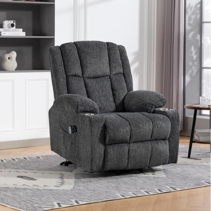 Fauteuil Massant Électrique Releveur 1 Place avec Chauffage Repose-pieds Réglable Poches Velours Gris Foncé