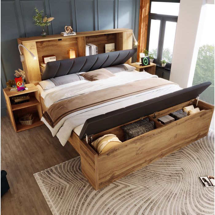 Lit double 160x200 avec sommier à lattes 2 tables de chevet banc coffre lampes USB tête de lit rangement ORVRYN