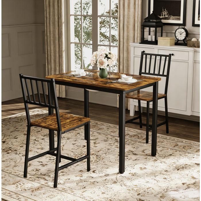 Table de Salle à Manger 2 Personnes avec 2 Chaises - BEAUNIV - Industriel Marron Rustique et Noir 90×60×755 cm