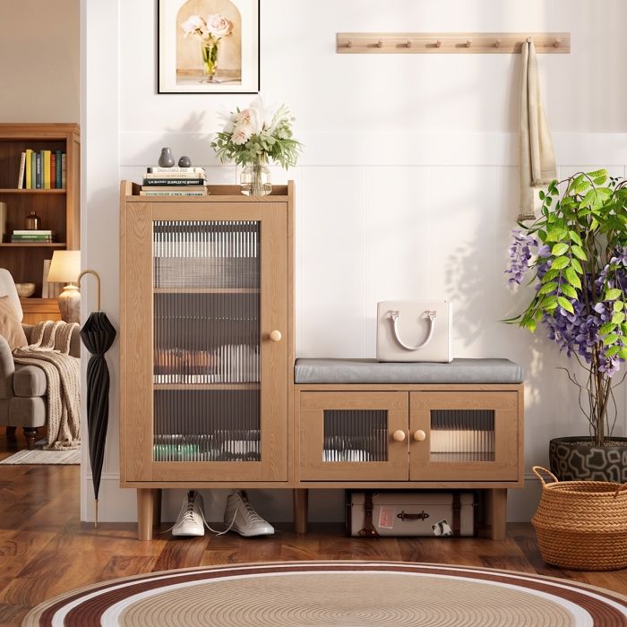 Banc à chaussures avec assise rembourrée armoire haute latérale avec porte et étagère de rangement pour couloir entrée couleur bois
