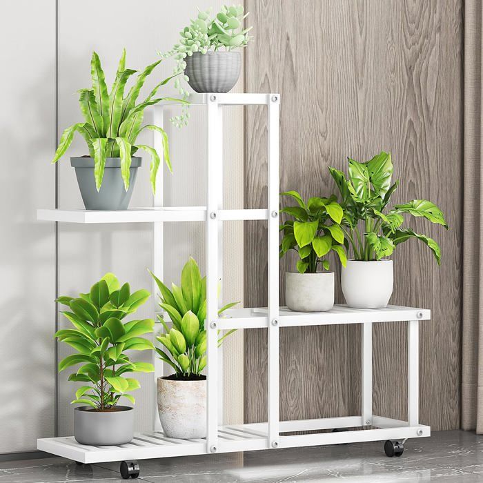 JOLLYTOP Support Plante dAngle Métal - Étagère à Fleurs avec Roues Blocables - Porte-Plantes Salon/Balcon - Blanc