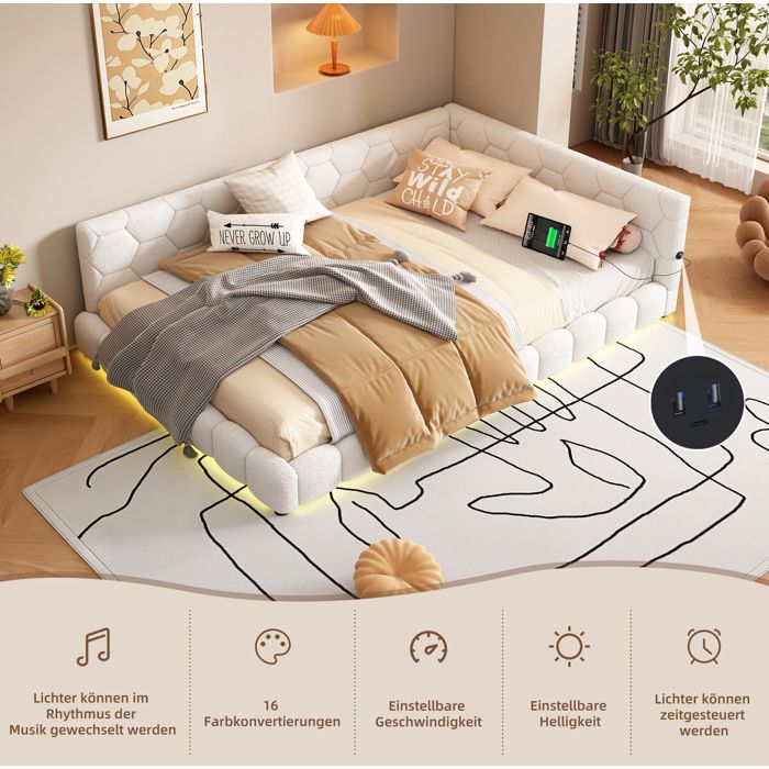 Lit banquette 140 x 200 cm - Blanc - Sommier à lattes LED 16 couleurs USB et Type-C