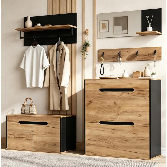 ULEVR Meuble dentrée modulable 156 x 36 x 176 cm noir et bois naturel avec miroir crochets étagère et meubles à chaussures