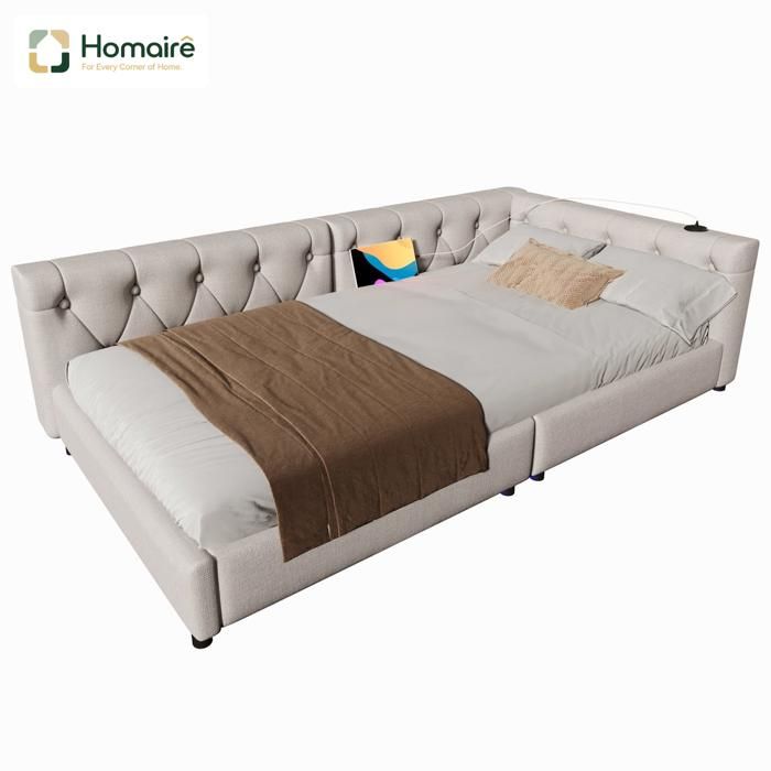 Canapé-lit avec port de charge USB Type-C lumières LED 7 couleurs lin naturel MDF HOMAIRE