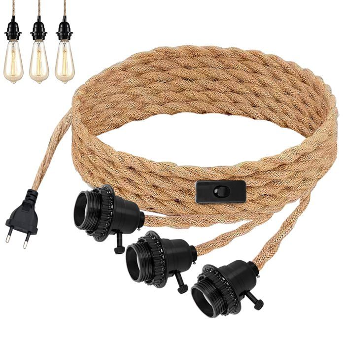 Suspension en Corde de Chanvre: Suspension à Douille E27 avec Prise Suspension Vintage 3 Lumières avec Câble de 6.8m et Interrupt