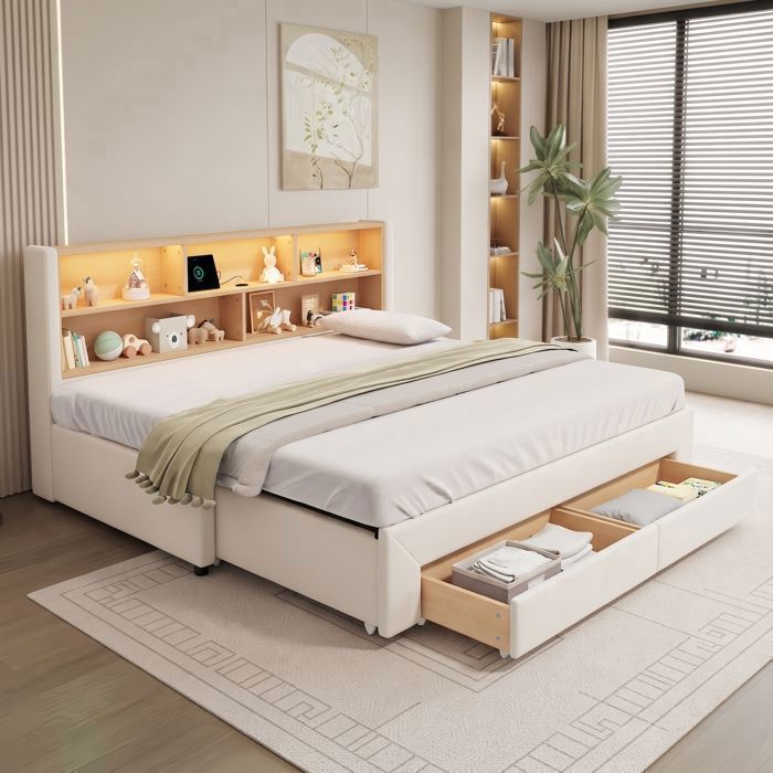 Lit Banquette Extensible 90/180 x 200 cm - en Velours Beige - avec 2 Tiroirs LED USB-C et Rangements