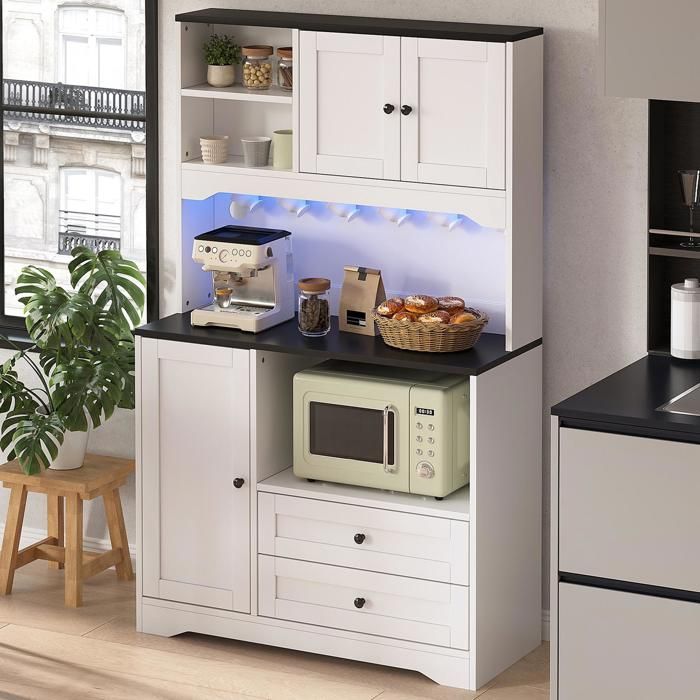 Armoires Cuisine Haut avec éclairage LED et Prises Vaisselier avec 3 Portes et 2 Tiroirs Étagères Réglables Meuble Cuisine Blanc