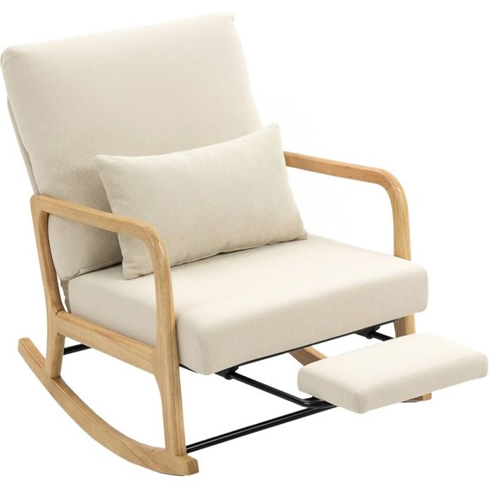 Fauteuil à bascule dossier réglable avec repose-pieds intégré crème tissu polyester bois d’hévéa métal JOINERY