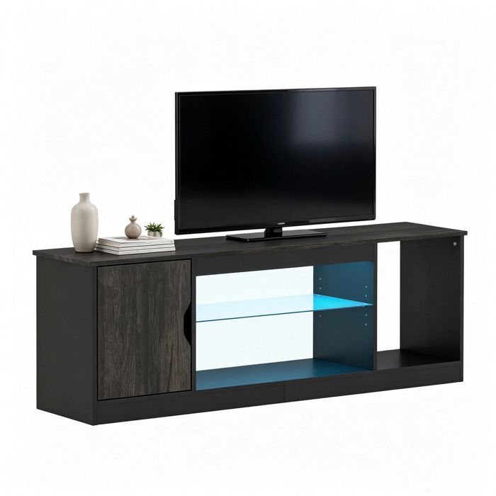GIANTEX Meuble TV à 65 avec Lumières LED Ajustables Banc TV avec Cabinet à Porte 148X35X53CM Charge 150KG Noir GIANTEX Meuble TV à 65 avec Lumières LED Ajustables Banc TV avec Cabinet à Porte 148X35X53CM Charge 150KG Noir